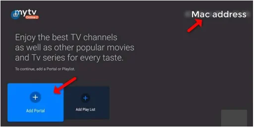 Écran d'accueil de MyTV Online 2 sur un décodeur Formuler montrant l'option pour ajouter un portail et l'adresse MAC