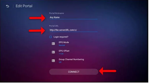 Écran de configuration du portail sur MyTV Online 2, montrant les champs pour le nom et l'URL du portail ainsi que les paramètres supplémentaires