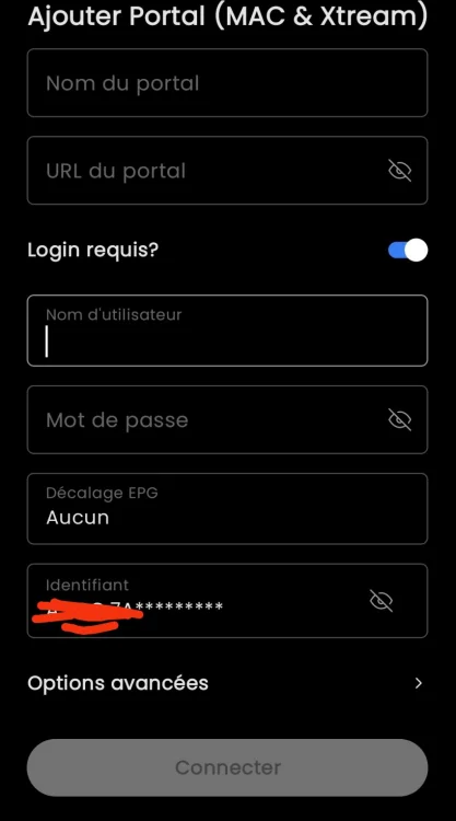 Écran de configuration de portail dans MyTV Online+ pour IPTV Québec, avec des champs pour le nom, l'URL, et les identifiants.